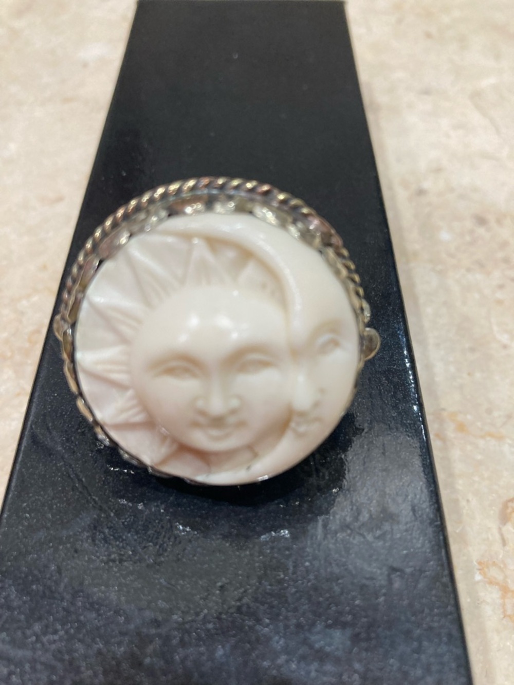 Sun and Moon Carved White Stone/BoneStatement Ring, Adjustable